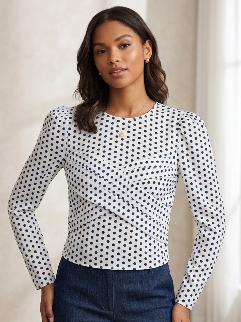 Express White and Navy Polka Dot Long-Sleeve Top